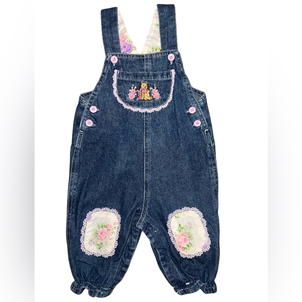 Vintage Disney Winnie The Pooh Denim Overalls Floral Lace Patch 6-9 Month